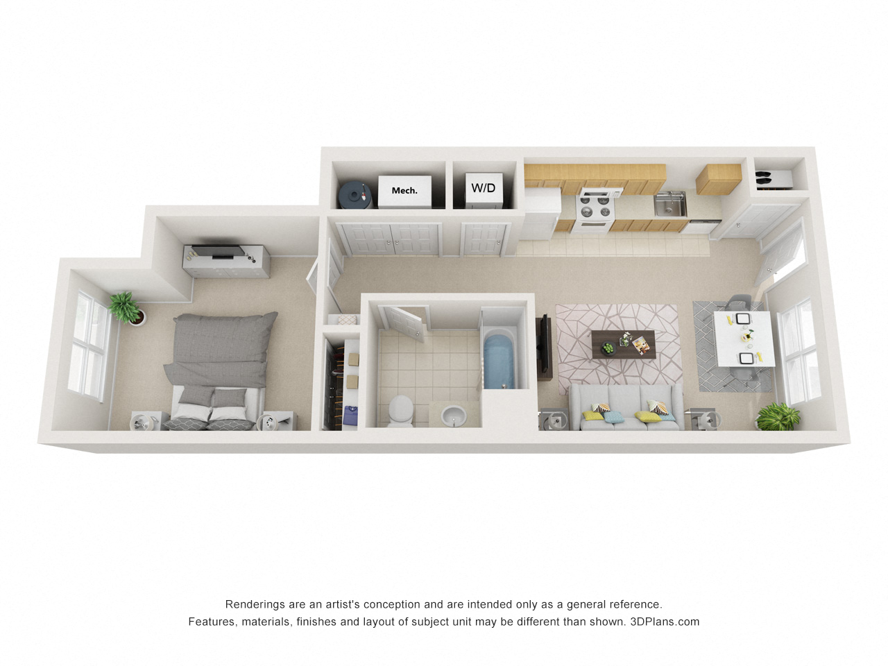 Floor plan for 1 bed, 1 bath, 656 sqft